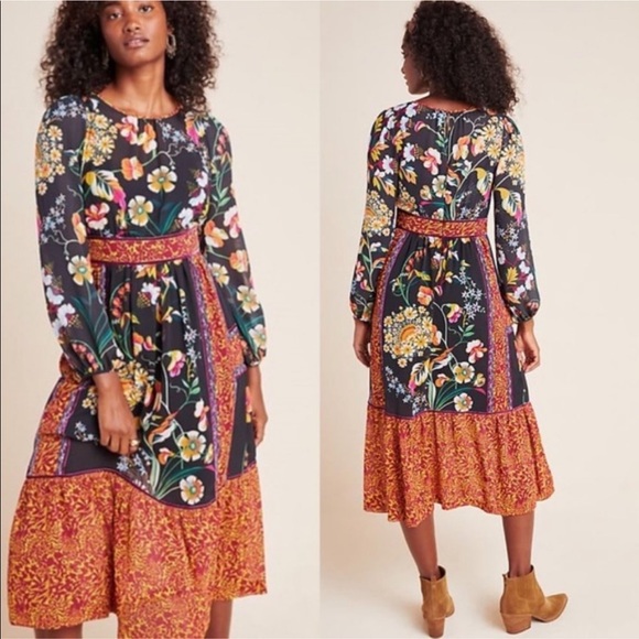 Anthropologie Adair Velvet-Trimmed Midi Dress